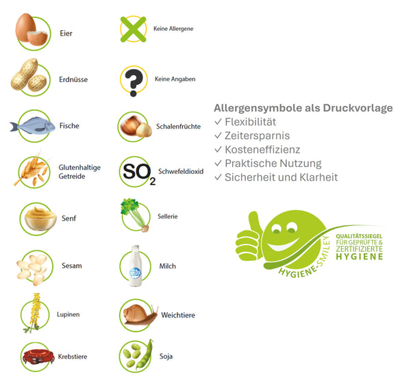 Allergensymbole als Druckvorlage für wasserlösliche Etiketten auf DinA4 Bögen.